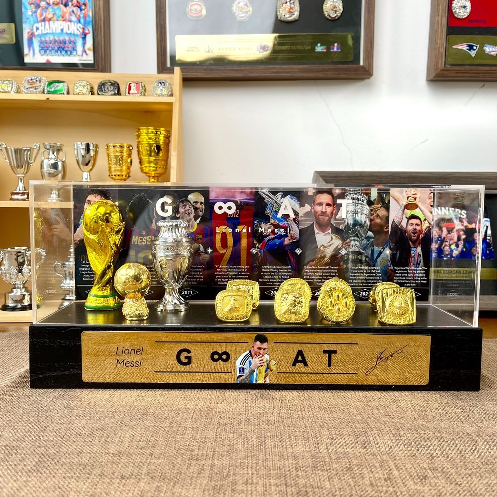 Lionel Messi Football Championship 2 Trophy & 8 Rings & 1 Ball With Display Case