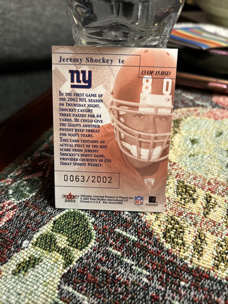 2002 Fleer Box Score Debuts #13 Jeremy Shockey/2002 – FB Sharp Corners Centered