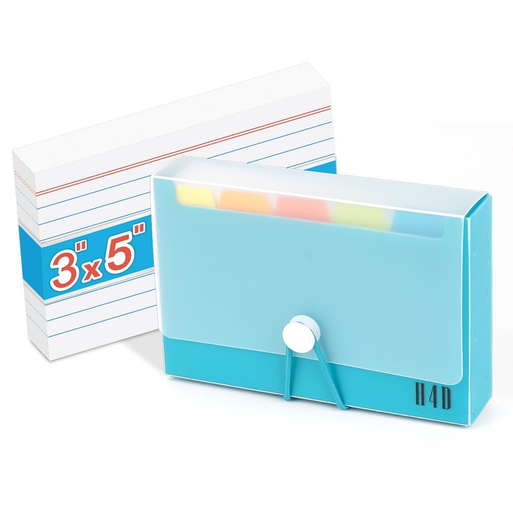 3×5 Teal Plastic Index Card Case with 100 Ruled Index Cards and Dividers H4D