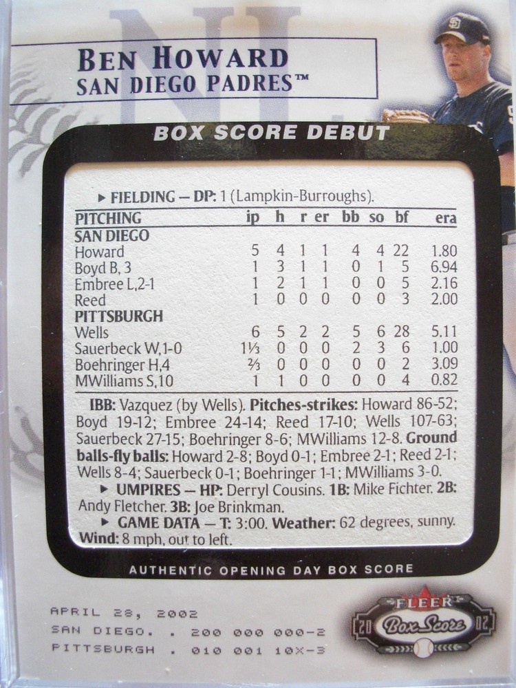 2002 FLEER BOX SCORE DEBUT BEN HOWARD # 13 OF 15 PADRES 1288/2002 BOX 48