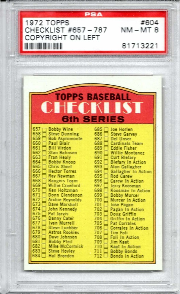 1972 TOPPS BASEBALL 604 CHECKLIST 657-787 COPYRIGHT ON LEFT PSA NM-MT 8