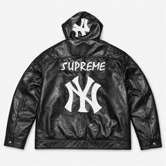 NY Yankees Red & Black Leather Varsity Jacket with Removable Hoodie