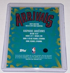 Kasparas Jakucionis 2025-26 Topps Finest Arrivals RC Sky Blue Refractor #/150