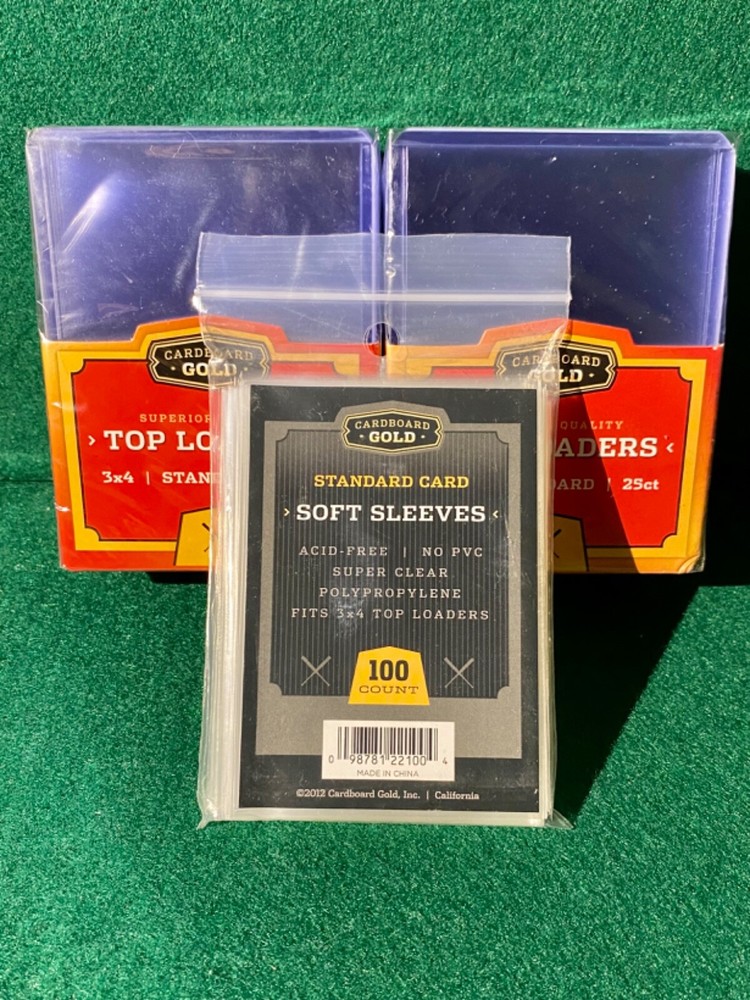 Cardboard Gold 3X4 Regular Toploaders 20pt (2) Packs of 25, + 100 Card Sleeves