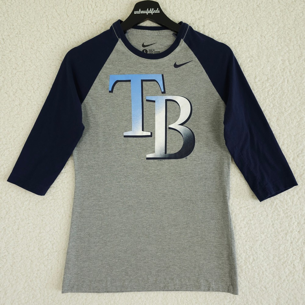 Tampa Bay Rays Shirt Boys Large Gray Blue Slim Fit Raglan 3/4 Sleeve Nike MLB T