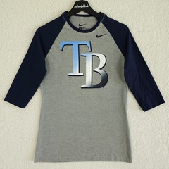 Tampa Bay Rays Shirt Boys Large Gray Blue Slim Fit Raglan 3/4 Sleeve Nike MLB T