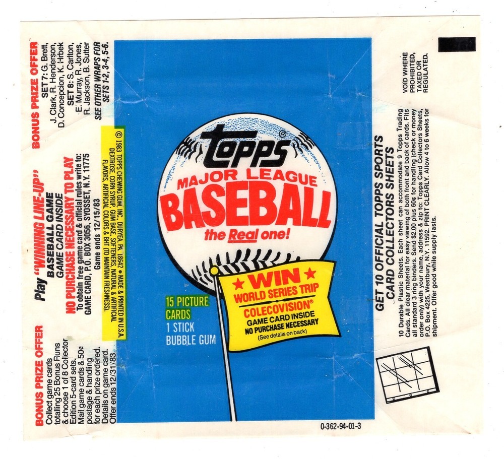1983 TOPPS BASEBALL CARD WRAPPER – EMPTY – CARD SHEETS SET 7 – VAR FREE SHIP