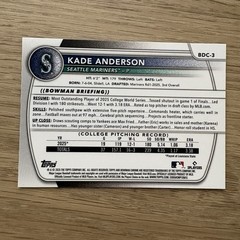 2025 Bowman Draft Sapphire Kade Anderson 1st Prospect #BDC-3 Seattle Mariners