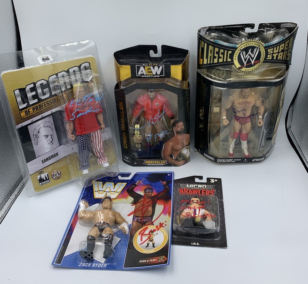 5 Signed Wrestling Figure Lot WWE Arn Anderson Sandman Ryder Rotunda Cash JSA