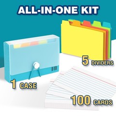 3×5 Teal Plastic Index Card Case with 100 Ruled Index Cards and Dividers H4D