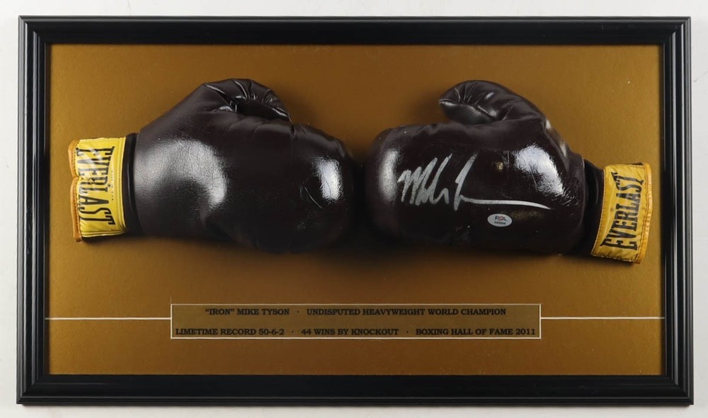 Mike Tyson Signed Pair of (2) Everlast Boxing Gloves Custom Framed Display (PSA)