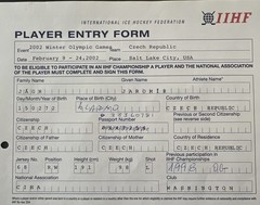 Jaromir Jagr Signed 2002 Olympics IIHF Player Entry Form – Ice Hockey – USA