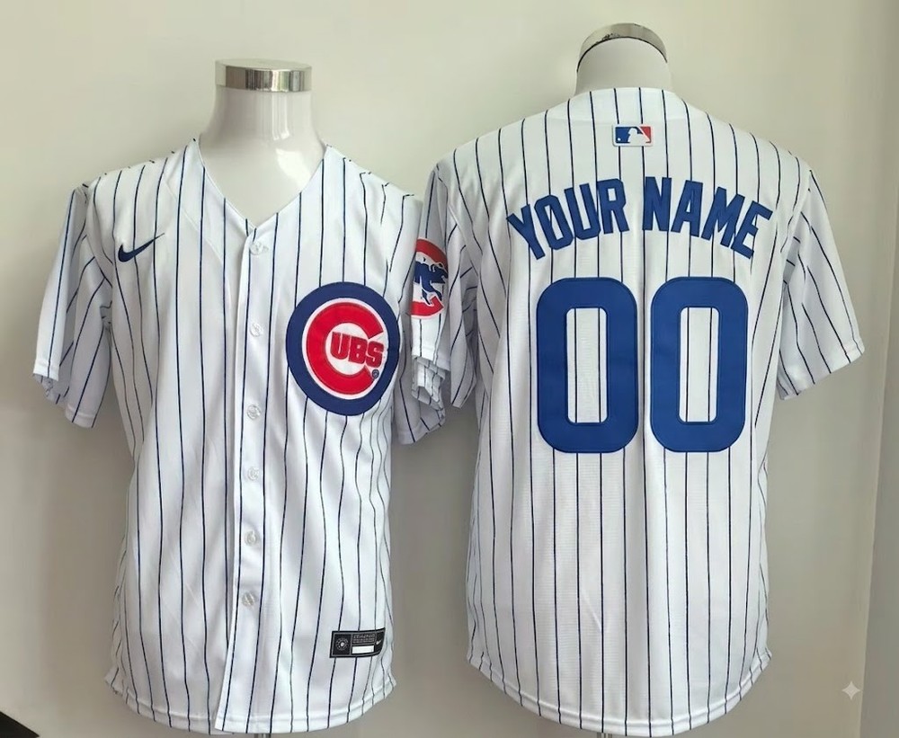 Chicago Cubs White Pinstripe Custom Any Name Any Number Stitched Jersey