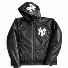NY Yankees Red & Black Leather Varsity Jacket with Removable Hoodie