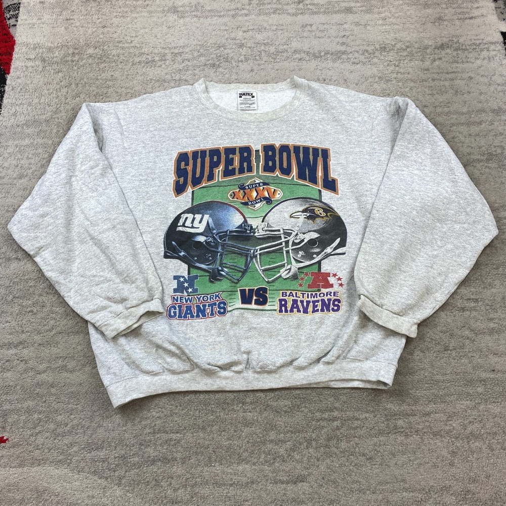 VTG Baltimore Ravens Super Bowl Sweatshirt XL Gray Blue Script Graphic Mens 2001