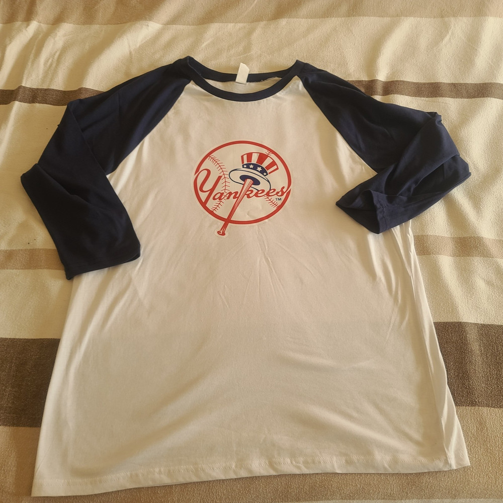 New York NY Yankees 3/4 Ragland White Navy Blue Trim Baseball Shirt Unisex