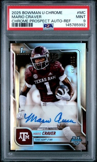 Mario Craver 2025 Bowman Chrome U 1st Auto /299 Refractor BCA-MC PSA 9