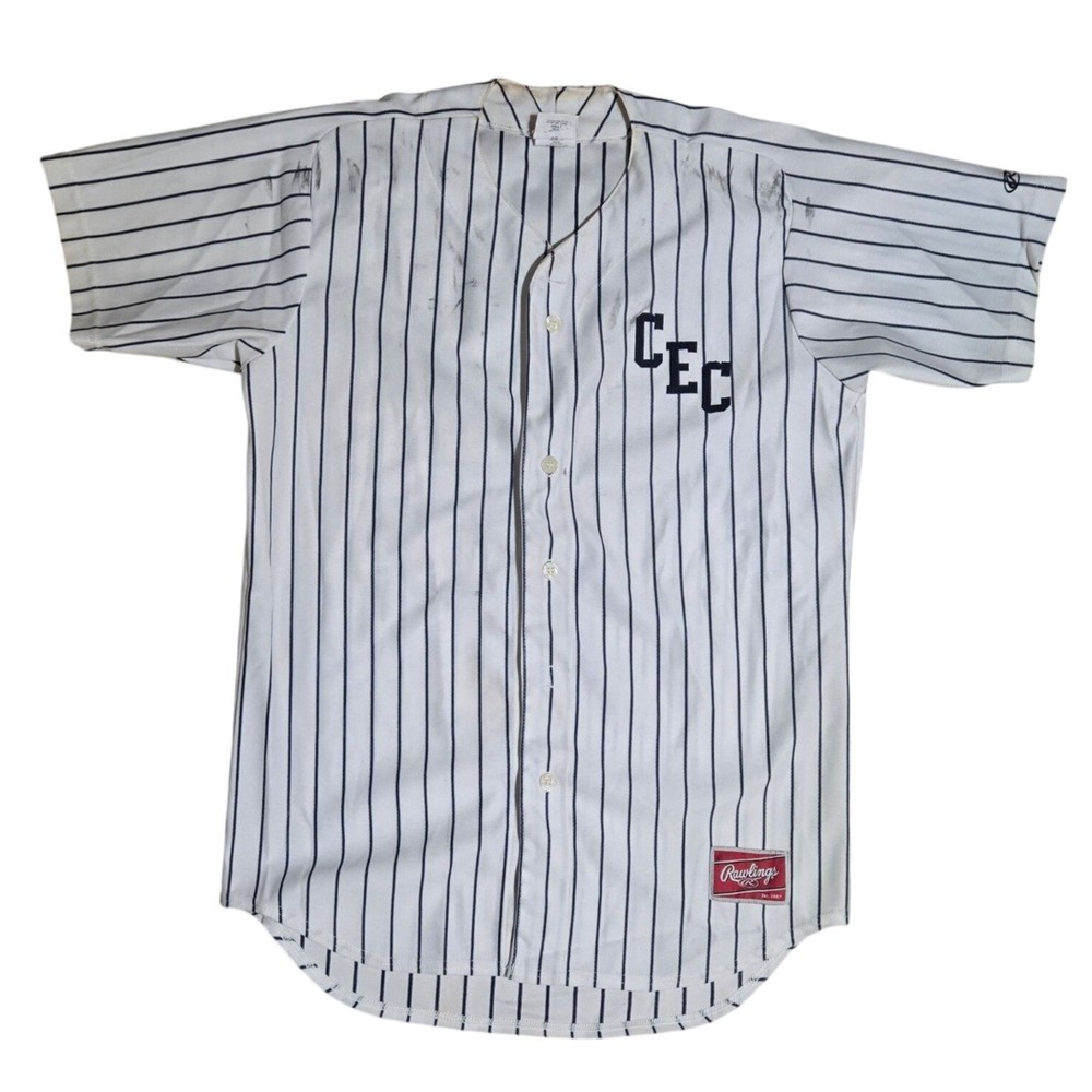 Rawlings Baseball Jersey White Navy Blue Striped Button Down Number 14 Large Vtg