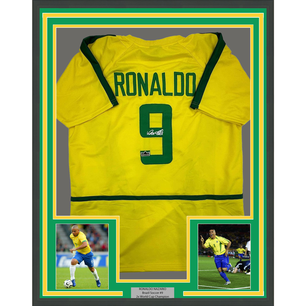 Framed Facsimile Autographed Ronaldo Nazario 35×39 Brazil Yellow Reprint Jersey