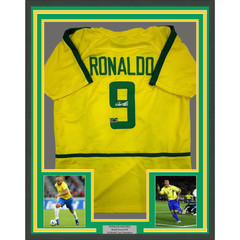 Framed Facsimile Autographed Ronaldo Nazario 35×39 Brazil Yellow Reprint Jersey
