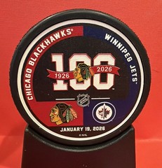 Blackhawks Hockey Puck Vs Winnipeg Jets 1-19-26 100 Year Home Opener Puck Listed