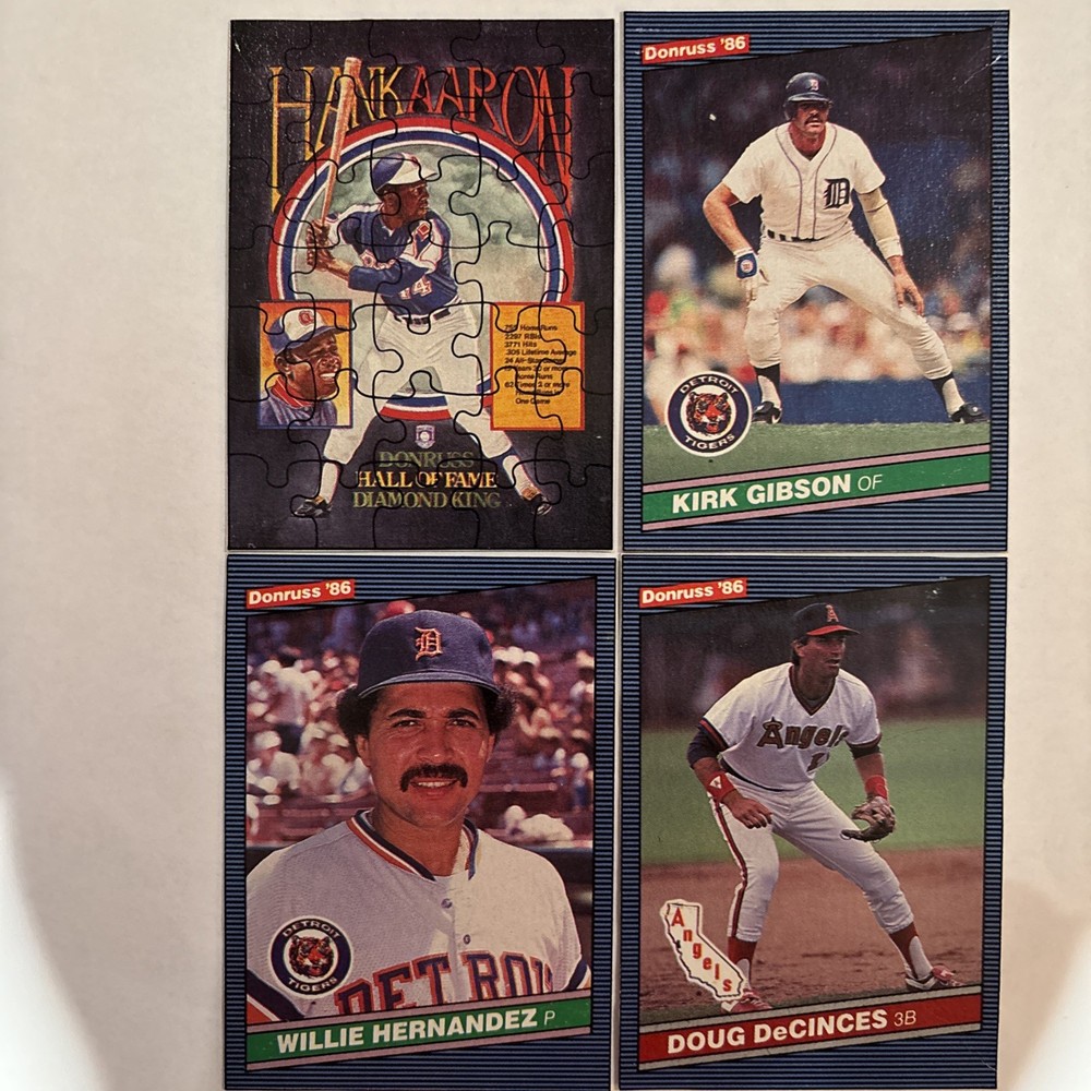 NM 1986 Donruss BB Card Box Bottom Cards #s PC4-6 w/ Hank Aaron, Kirk Gibson