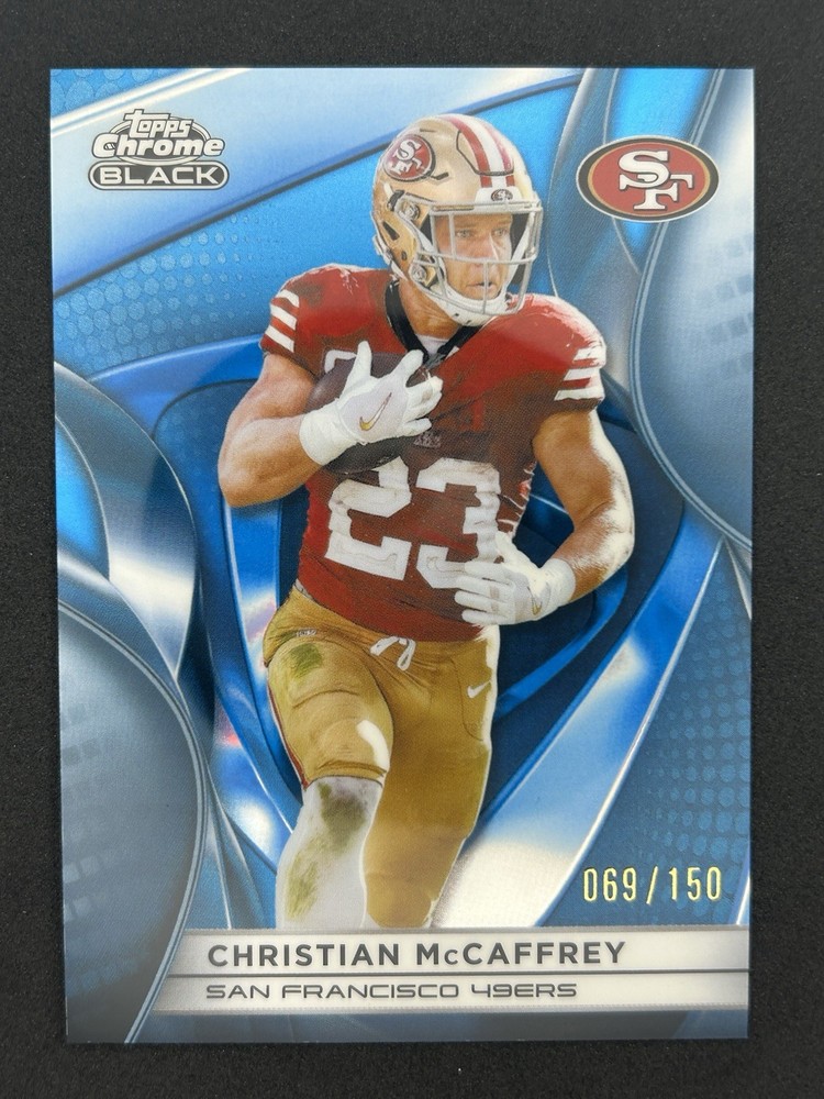 2025 Topps Chrome Black Christian McCaffrey Blue Wave Refractor #/150 49ers