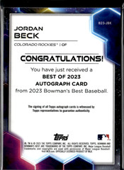 2023 Bowman Best – Best of 2023 Auto Jordan Beck #B23-JBK Blue Ref /150 (AU,RC)