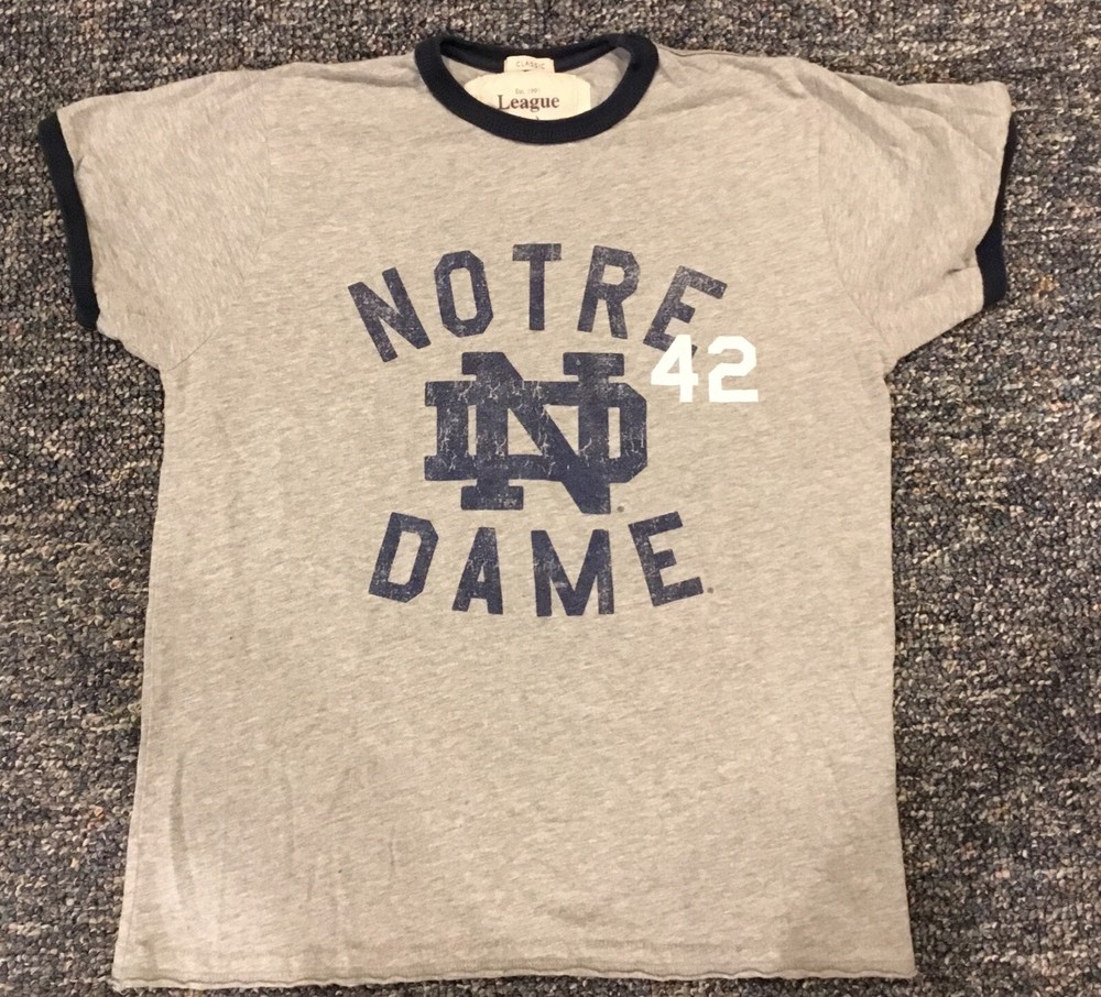 League Notre Dame ND 42 Gray Blue Ringer T-Shirt Adult Small Classic Fit EUC