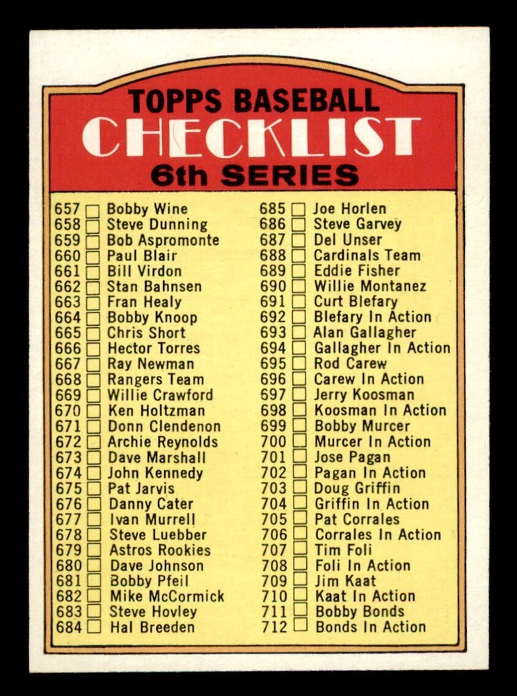 1972 Topps Baseball #604 6th Series Checklist (657-787) NM *d8