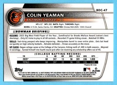 Colin Yeaman 2025 Bowman Chrome Draft 1st Year Gold Refractor SP 33/50 Orioles