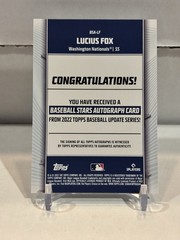 2022 Topps Update Baseball Stars Rookie Auto LUCIUS FOX Nationals