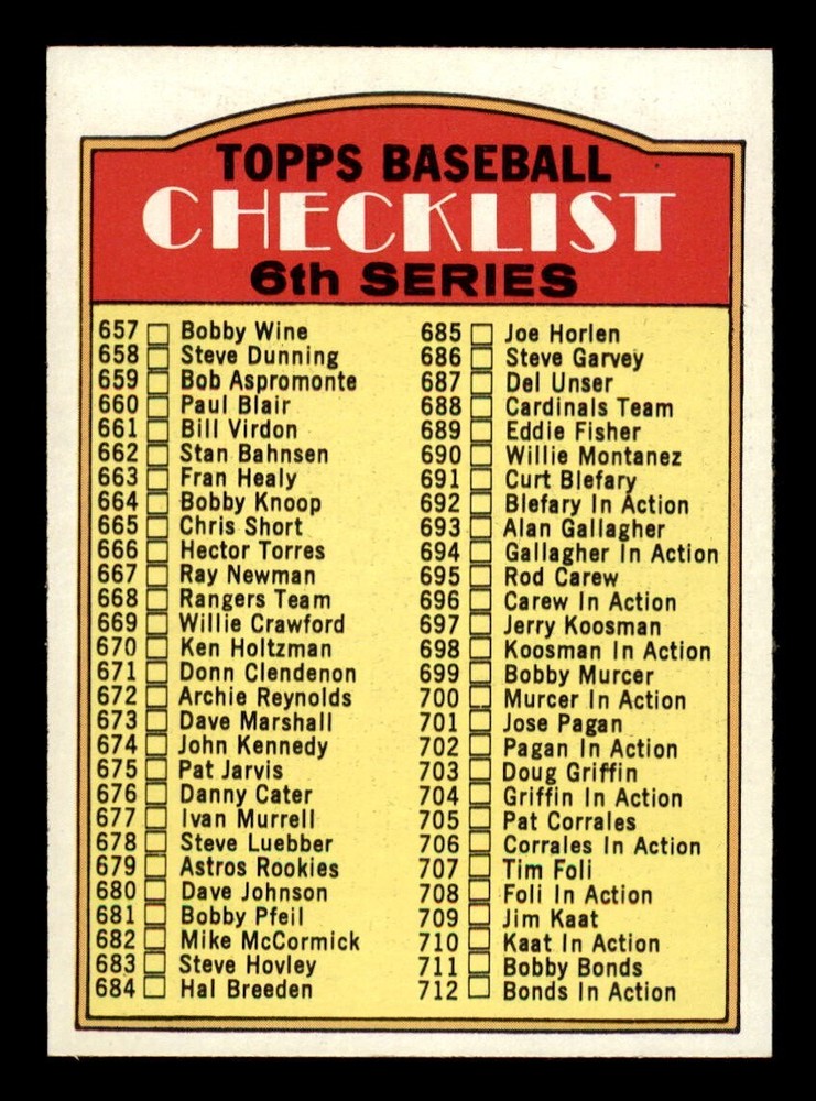 1972 Topps Baseball #604 6th Series Checklist (657-787) NM/MT *d20