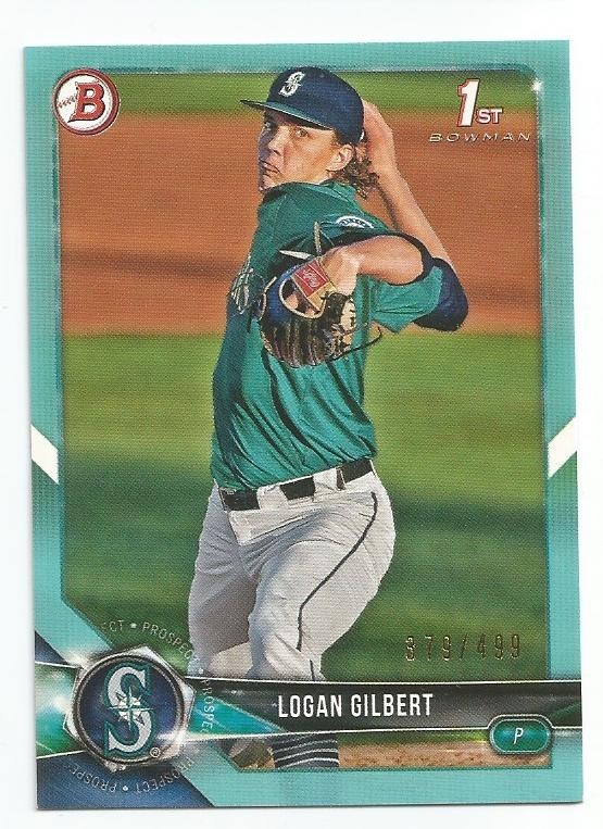2018 Bowman Draft Sky Blue Logan Gilbert 1st Prospect #BD-63 Mariners #&rsquo;d /499