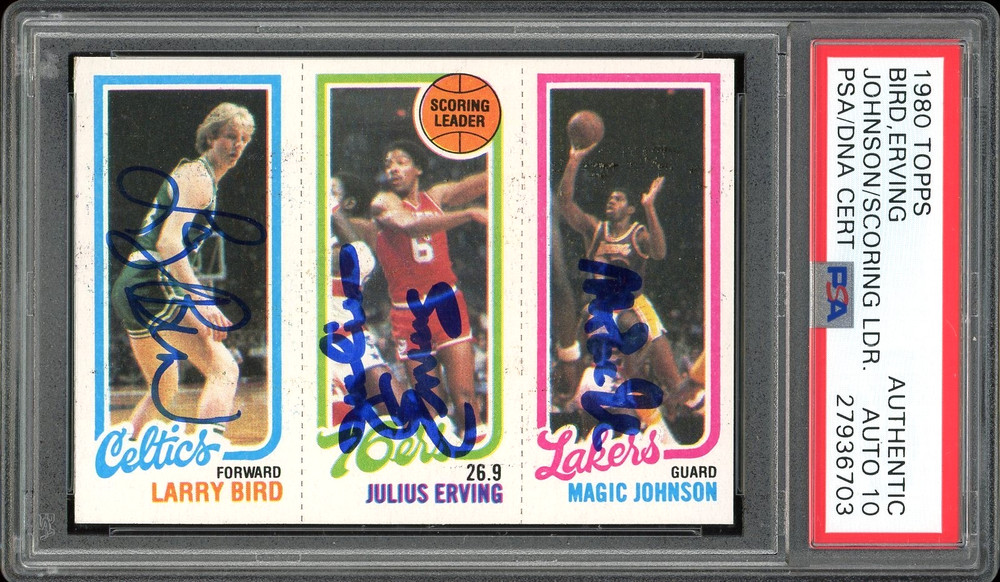 Signed 1980 Topps Bird, Magic, and Erving Autograph Card – PSA Authentic Auto 10