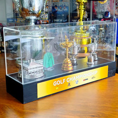 Golf Grand Slam Championship Metal 5 Trophy & Green Clothes With Display Case