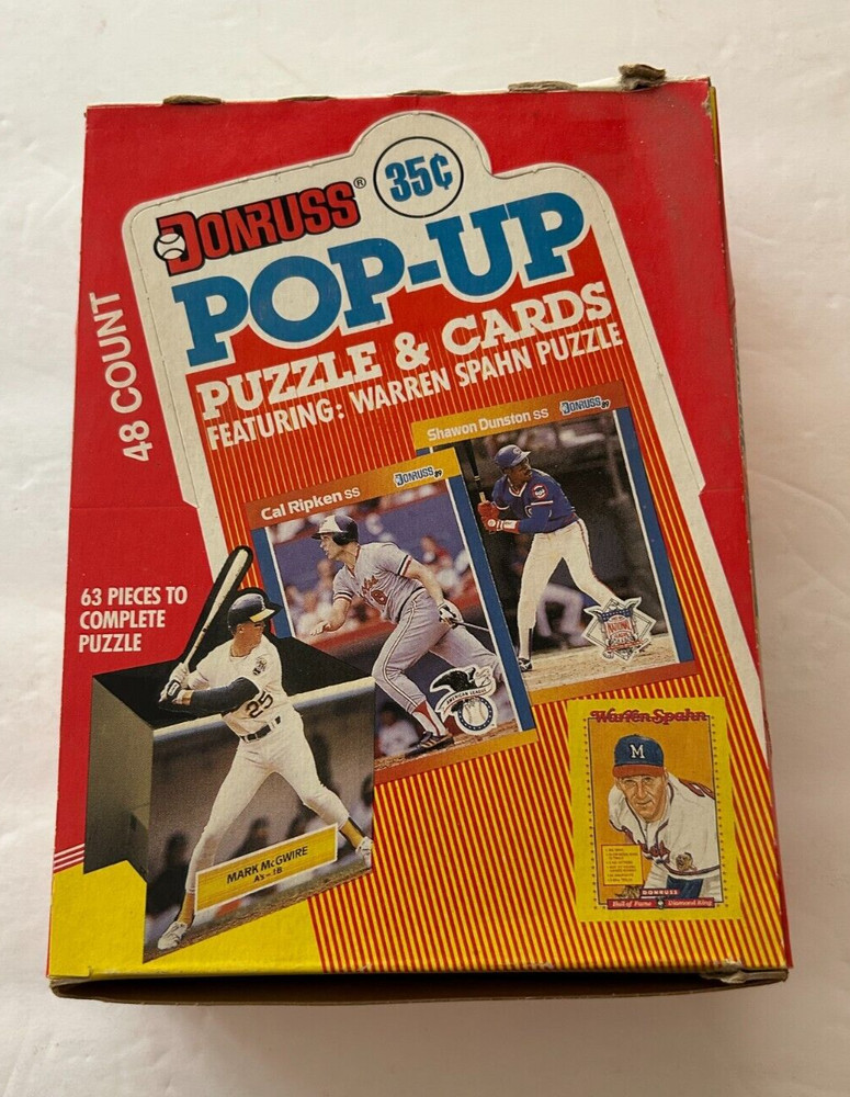 1989 Donruss Baseball Box. POP-UP&rsquo;s, Warren Spahn Puzzle Pieces & Cards 48 Packs