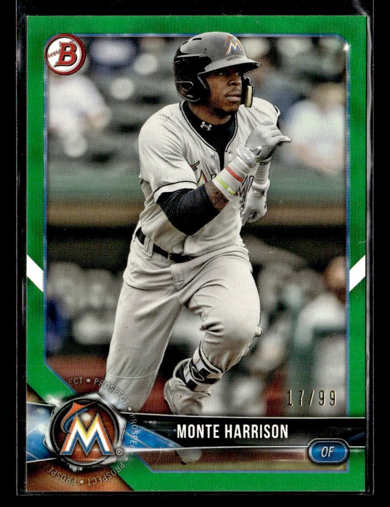 2018 Bowman Draft #BD-71 Monte Harrison Green #/99 Card Miami Marlins