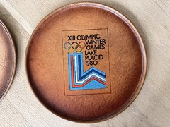 Vintage 1980 Lake Placid Olympic Games 13&Prime; Serving Trays – Set of 2 Inlaid Wood