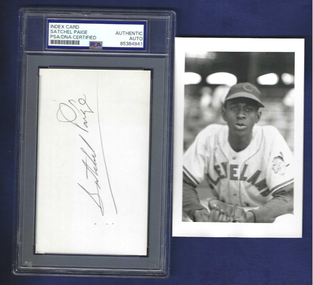 Satchel Paige Negro League Baseball HOFer Autographed 3×5 Card PSA SLAB & Photo