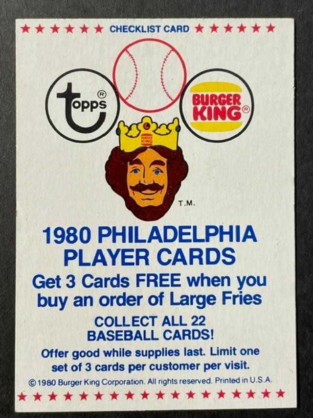 1980 Topps Burger King PHILLIES CHECKLIST – clean/unmarked – MT