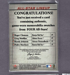 2002 FLEER FLEER BOX SCORE QUAD JERSEY PATCH GREG MADDUX/PEDRO/CLEMENS/RJ SSP