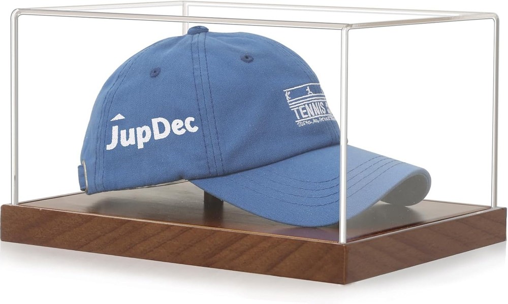 Hat Display Case Acrylic UV Protection Clear Glass Stand with Wooden Base for