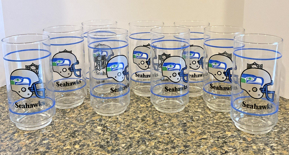 Seattle Seahawks NFL Mobil Gas Promotional 5 5/8 Inches Glasses Lot Of 9 Vintage