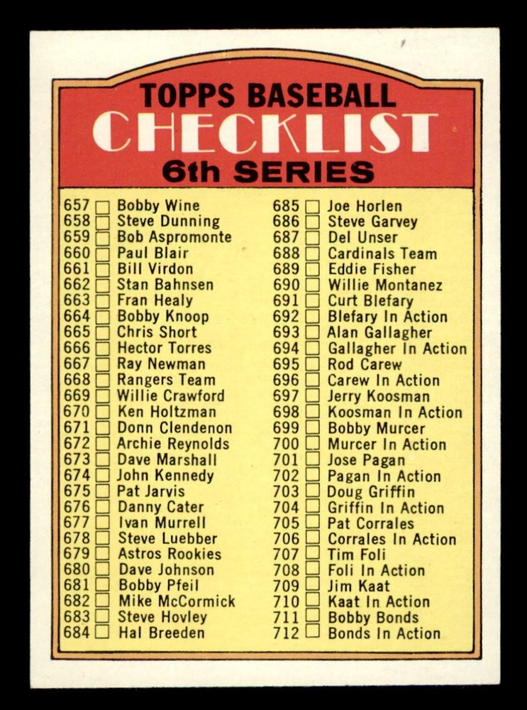 1972 Topps Baseball #604 6th Series Checklist (657-787) NM/MT *d7