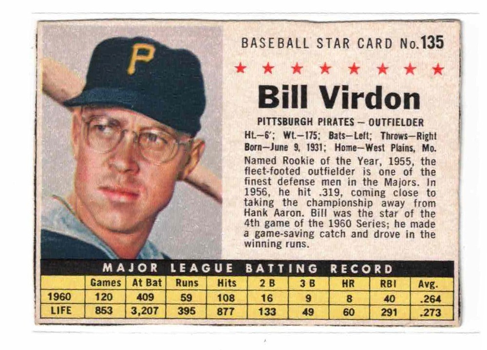 1961 Post #135, Bill Virdon, Pittsburgh Pirates, Box, No Creases, VGEX