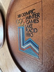 Vintage 1980 Lake Placid Olympic Games 13&Prime; Serving Trays – Set of 2 Inlaid Wood