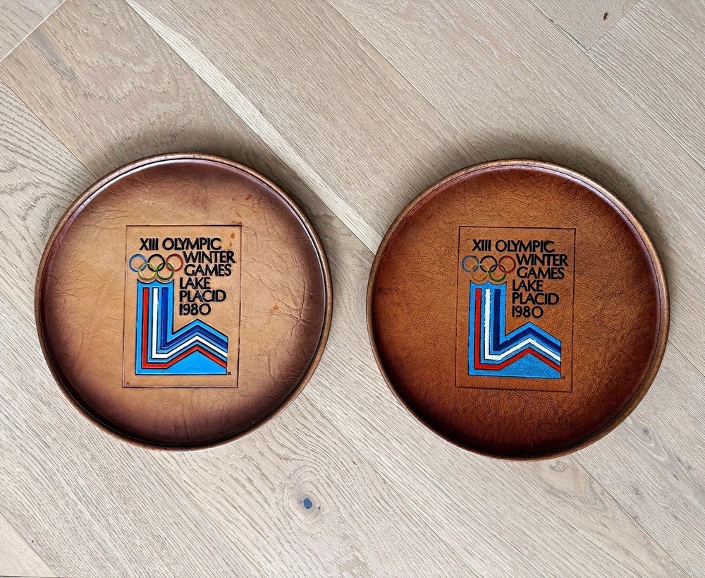 Vintage 1980 Lake Placid Olympic Games 13&Prime; Serving Trays – Set of 2 Inlaid Wood