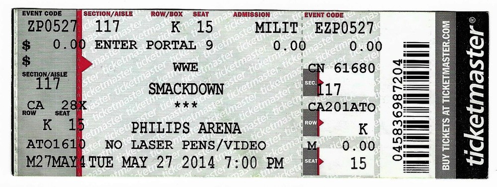 World Wrestling Entertainment SMACKDOWN 5/27/14 Atlanta GA Ticket! WWE
