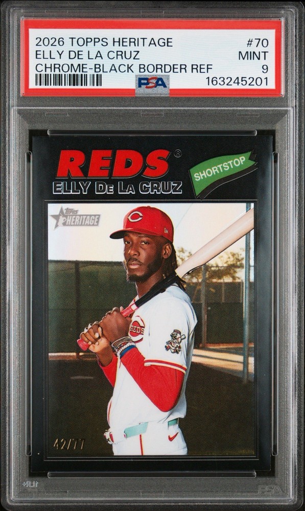 2026 Topps Heritage Chrome Black Refractor 42/77 Elly de La Cruz PSA 9 Pop 1